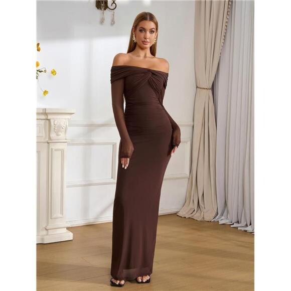 Off Shoulder Long Sleeve Maxi Dress Brown - Picture 5 of 6